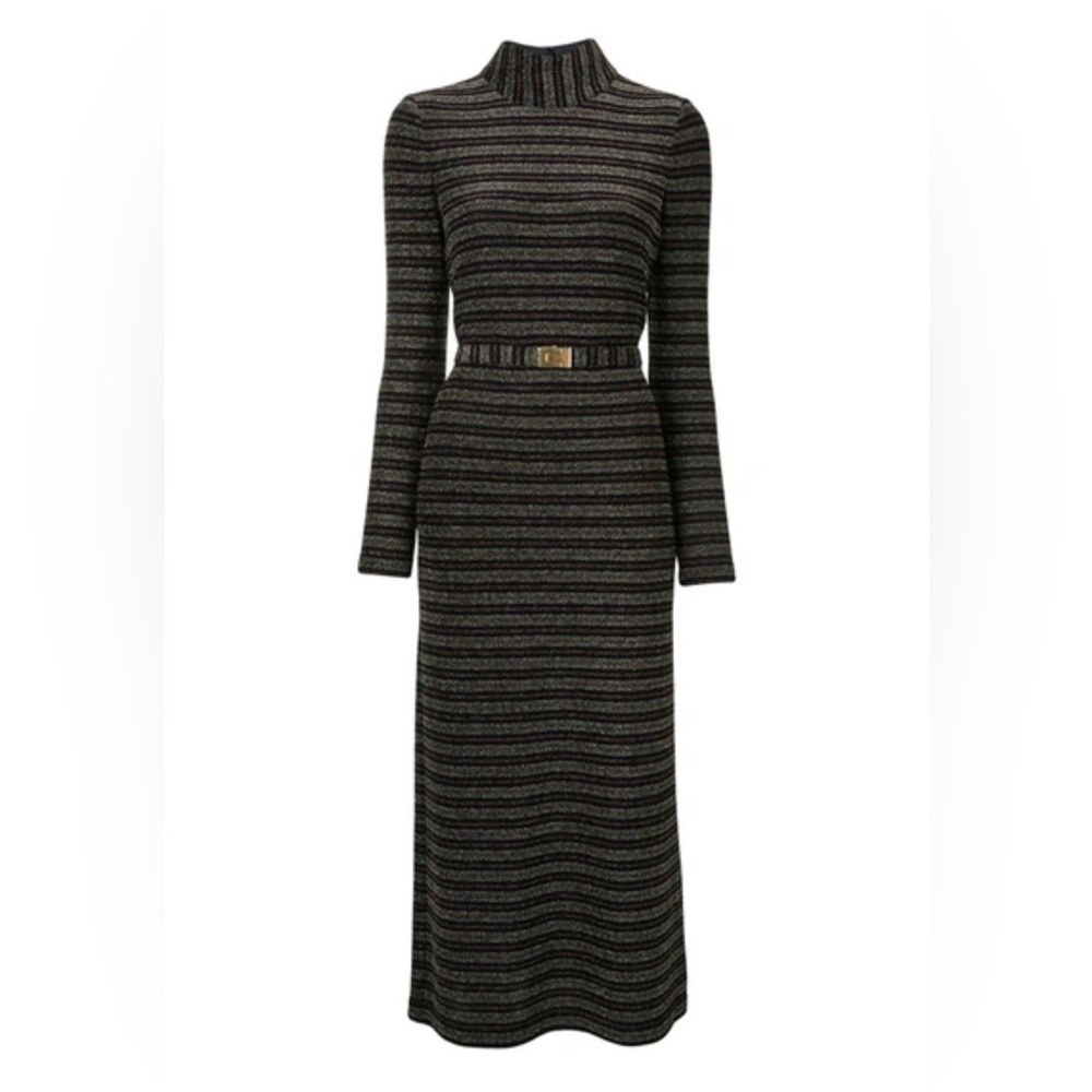 NEW Tory Burch Metallic Stripe Mock Neck Midi Dress Size XS Black-Multi